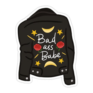 Sticker featuring the back of a black jacket. White text reads "bad ass babe"