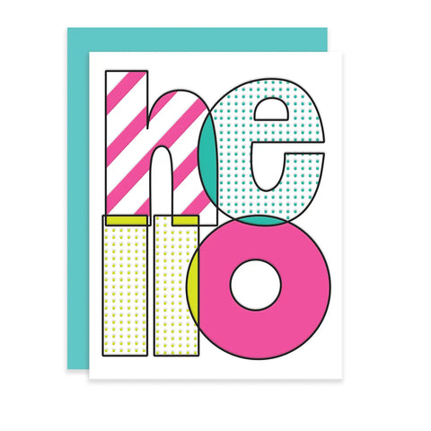 White card. "Hello" is in block letters decorated with pink stripes, blue dots, yellow dots, and pink fill. 