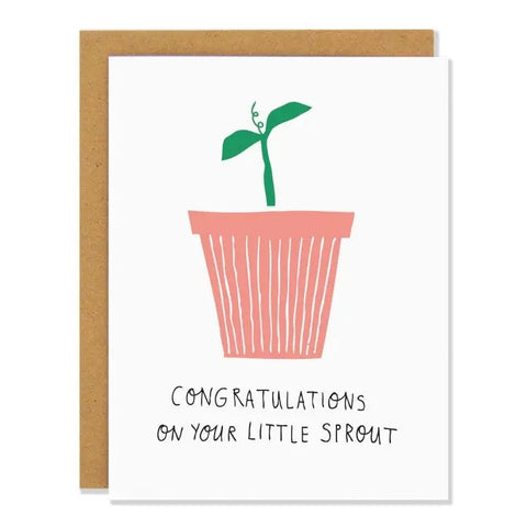 White card featuring illustration of pink pot with green plant sprouting from it. Black text reads "congratulations on your little sprout"