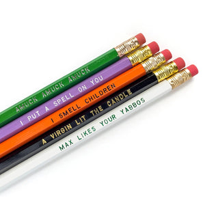 Five pencils in the following colors: green, purple, orange, black, and white. Pencils are imprinted with quotes from Hocus Pocus