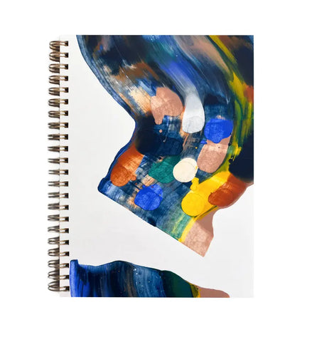 Spiral-bound white notebook cover with blue, brown, yellow, and green smear paint pattern