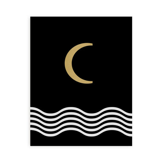 Art print with a black background with gold moon and abstract white wavy lines