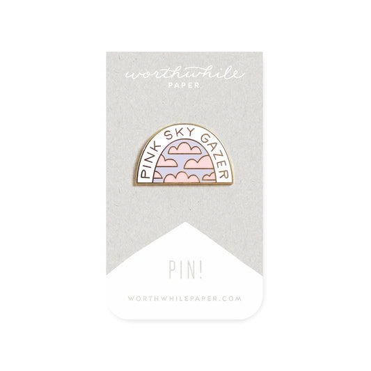 Pin with purple sky and pink clouds. Gold text reading "pink sky gazer"