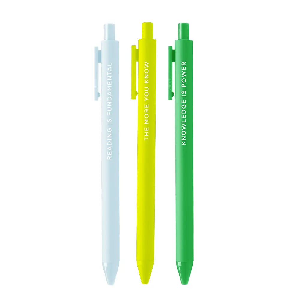 Three pens in the following colors: light blue, lime green, and green