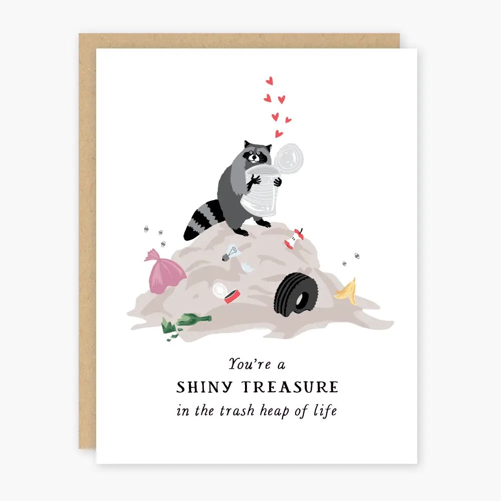 White card with raccoon holding a trash can on a trash pile. Black text reads "you're a shiny treasure in the trash heap of life"