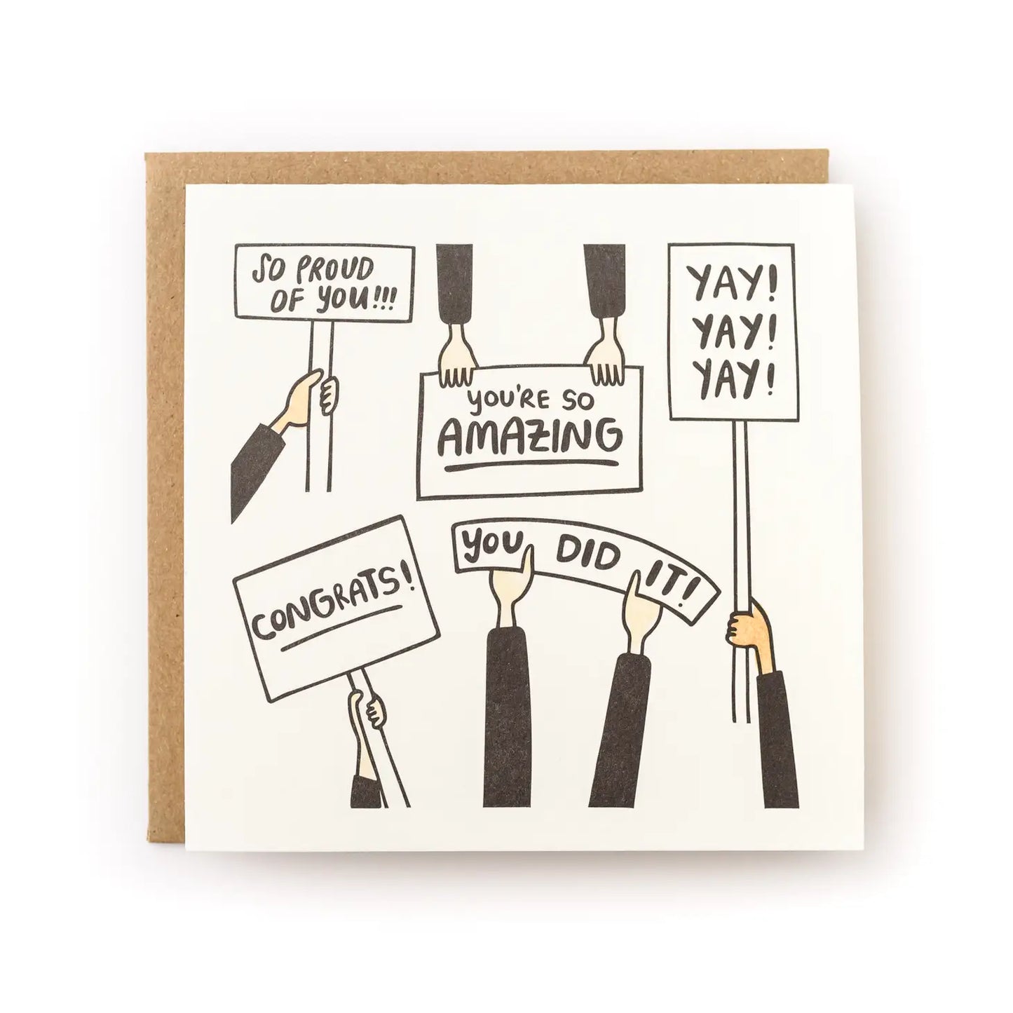White greeting card with an illustration of hands hold different positive signs like congrats, you did it 